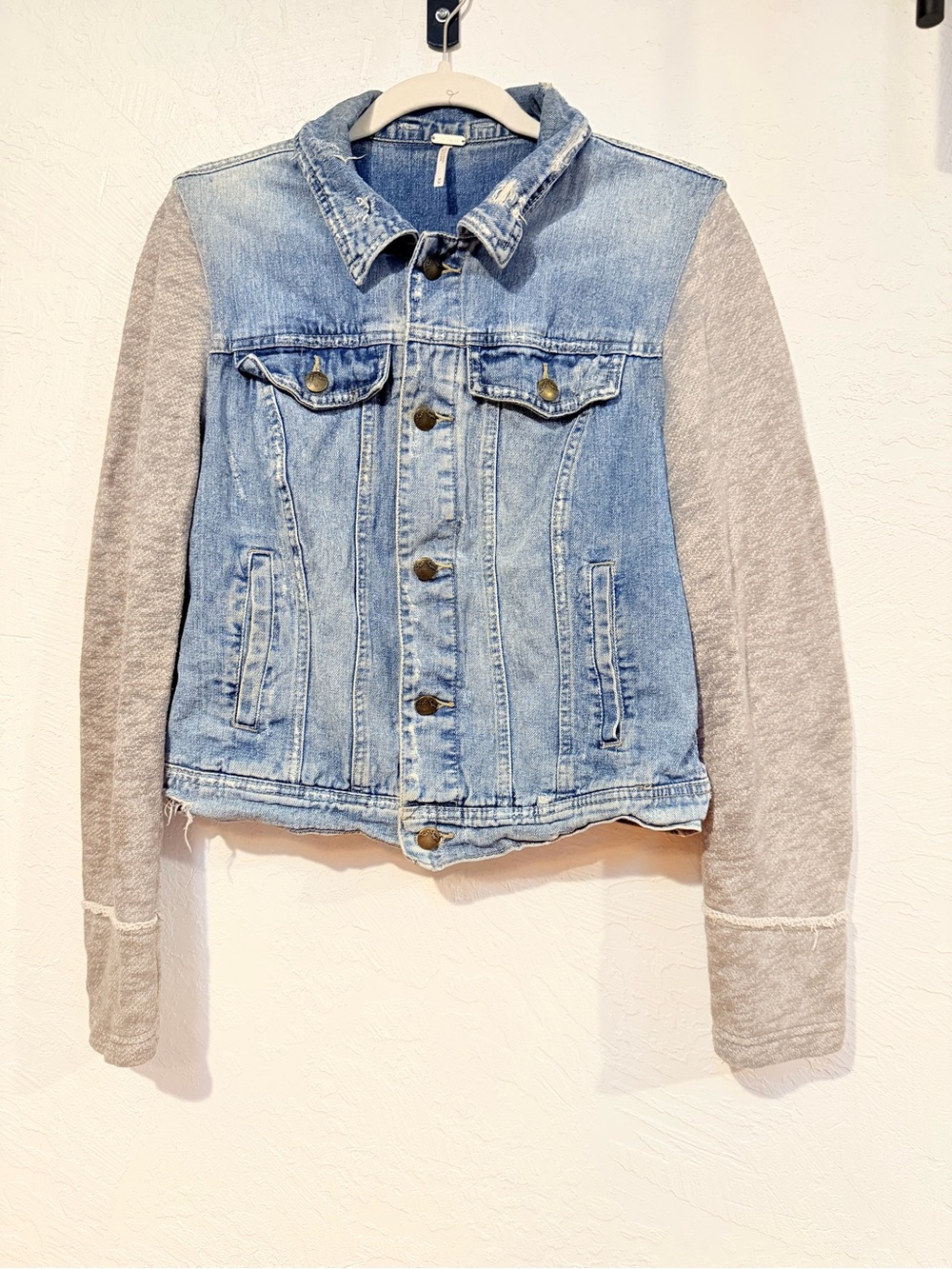 Free People -Light Blue Denim Jacket with Gray Knit Sleeves